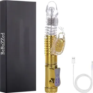 Bebuzzed 10 Thrusting Rotating G-Spot Rabbit Vibrator USB Rechargeable Gold