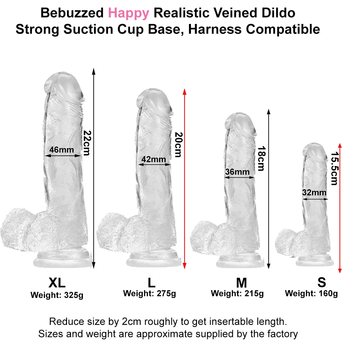 Bebuzzed Happy 6 Realistic Dildo Veined Balls Suction Cup Clear
