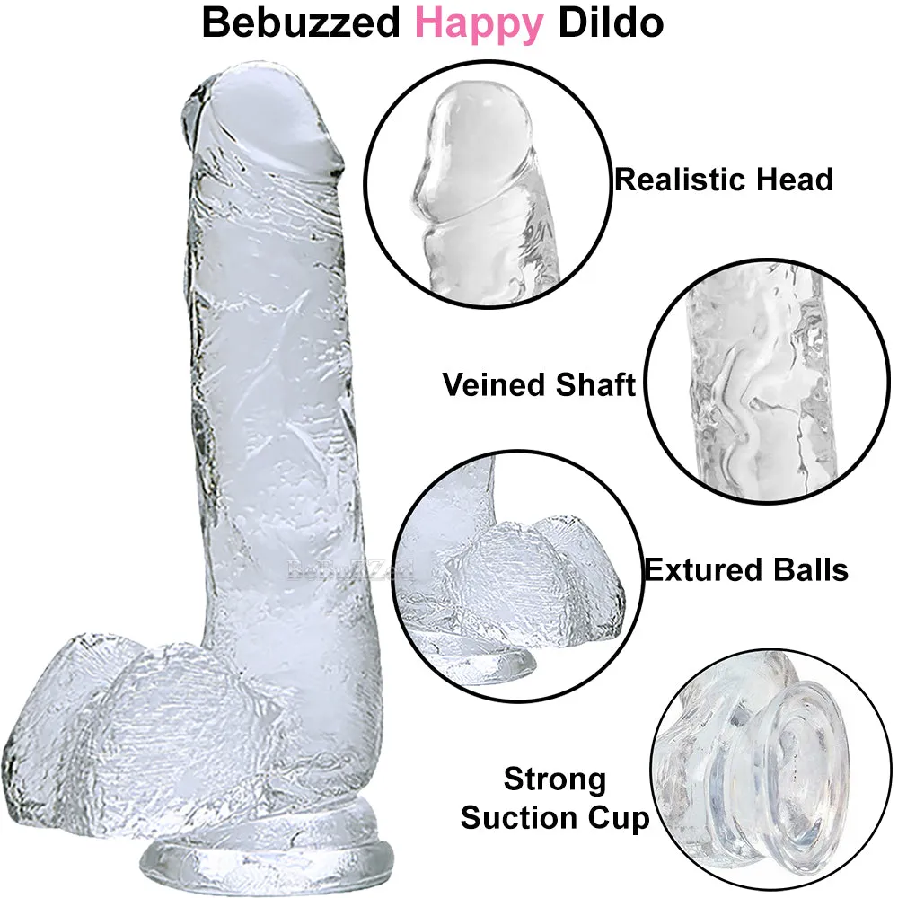 Bebuzzed Happy 6 Realistic Dildo Veined Balls Suction Cup Clear