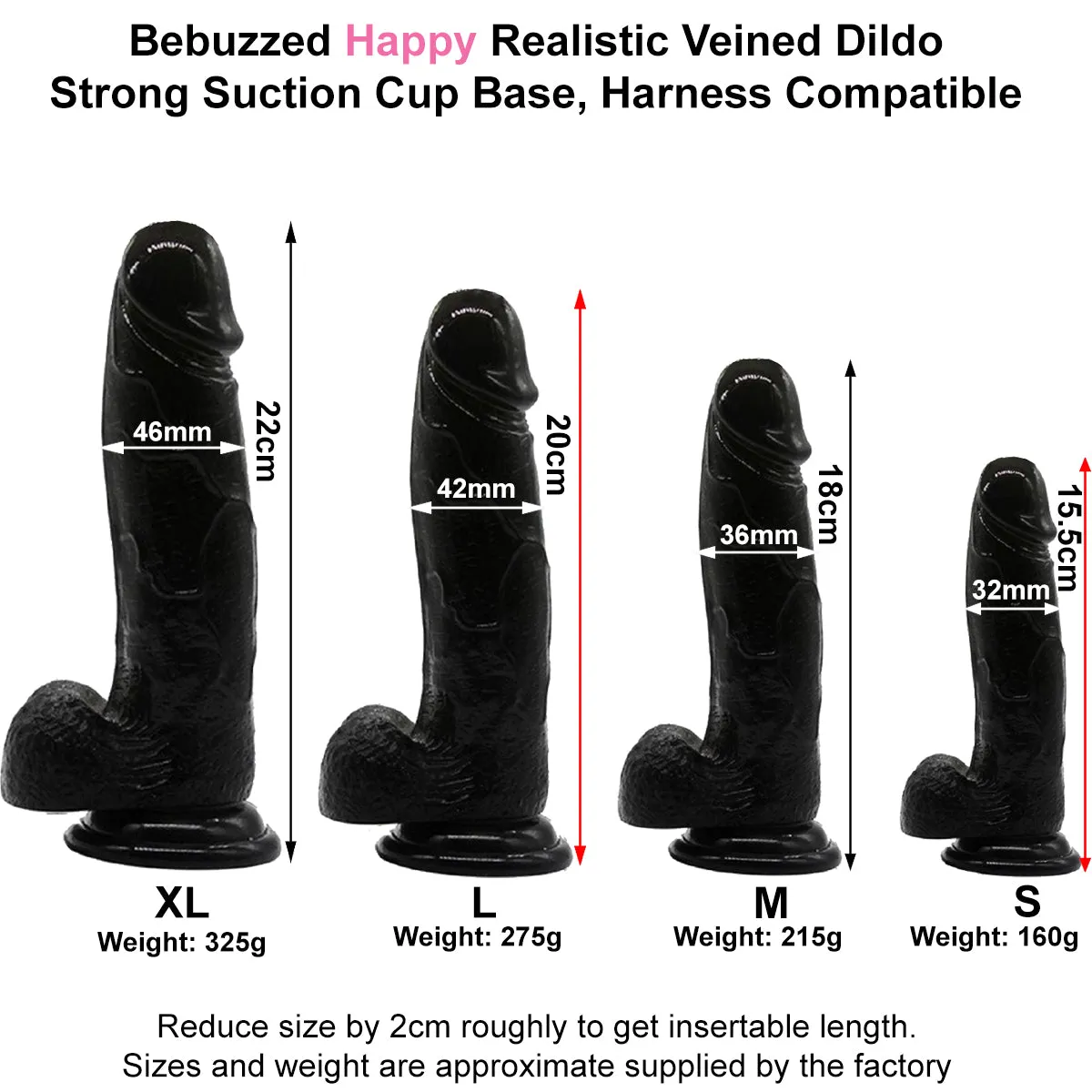 Bebuzzed Happy 8.5 Realistic Dildo Veined Balls Suction Cup Black