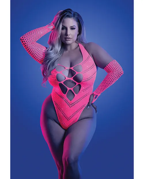 Glow in the Dark Flashback Black Light Reactive Rhinestone Teddy with Gloves  Neon Pink