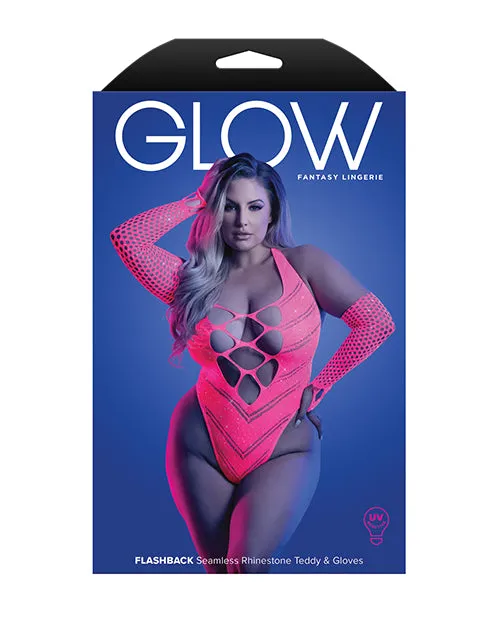 Glow in the Dark Flashback Black Light Reactive Rhinestone Teddy with Gloves  Neon Pink