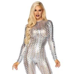 Laser-Cut Metallic Catsuit Silver Medium Hanging Poly Bag