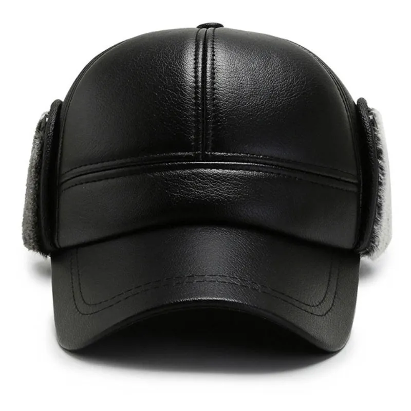 Leather Hat Men's Ear Protection Warm Duck Cap Pu Leather Warm Cotton
