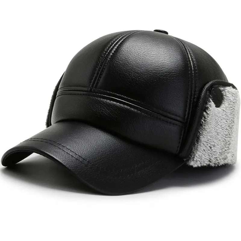 Leather Hat Men's Ear Protection Warm Duck Cap Pu Leather Warm Cotton