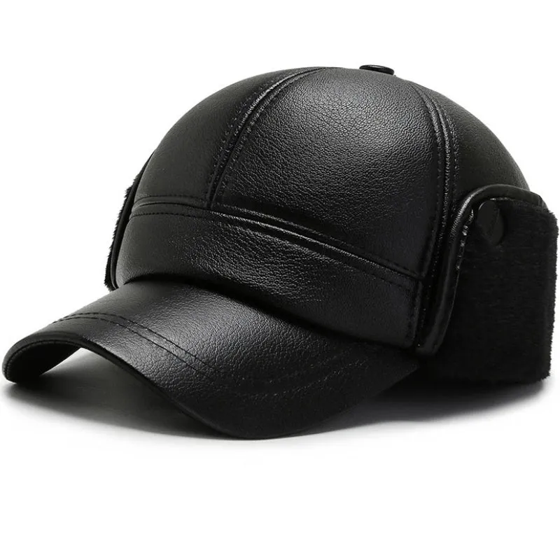 Leather Hat Men's Ear Protection Warm Duck Cap Pu Leather Warm Cotton