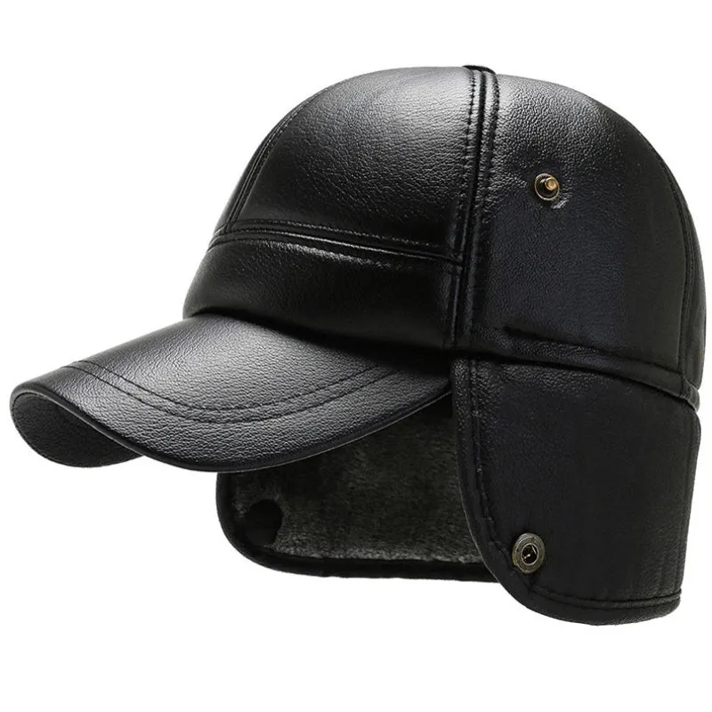 Leather Hat Men's Ear Protection Warm Duck Cap Pu Leather Warm Cotton